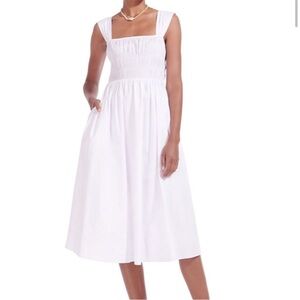 STAUD Ida Smocked Midi Dress in White